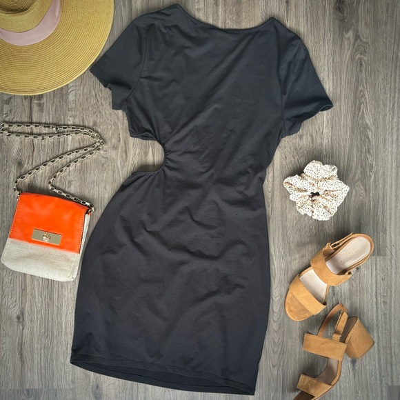 NWT - Black Twist Knot Ruched Cut-Out Waist Bodycon Mini Large Dress - Picture 2 of 7